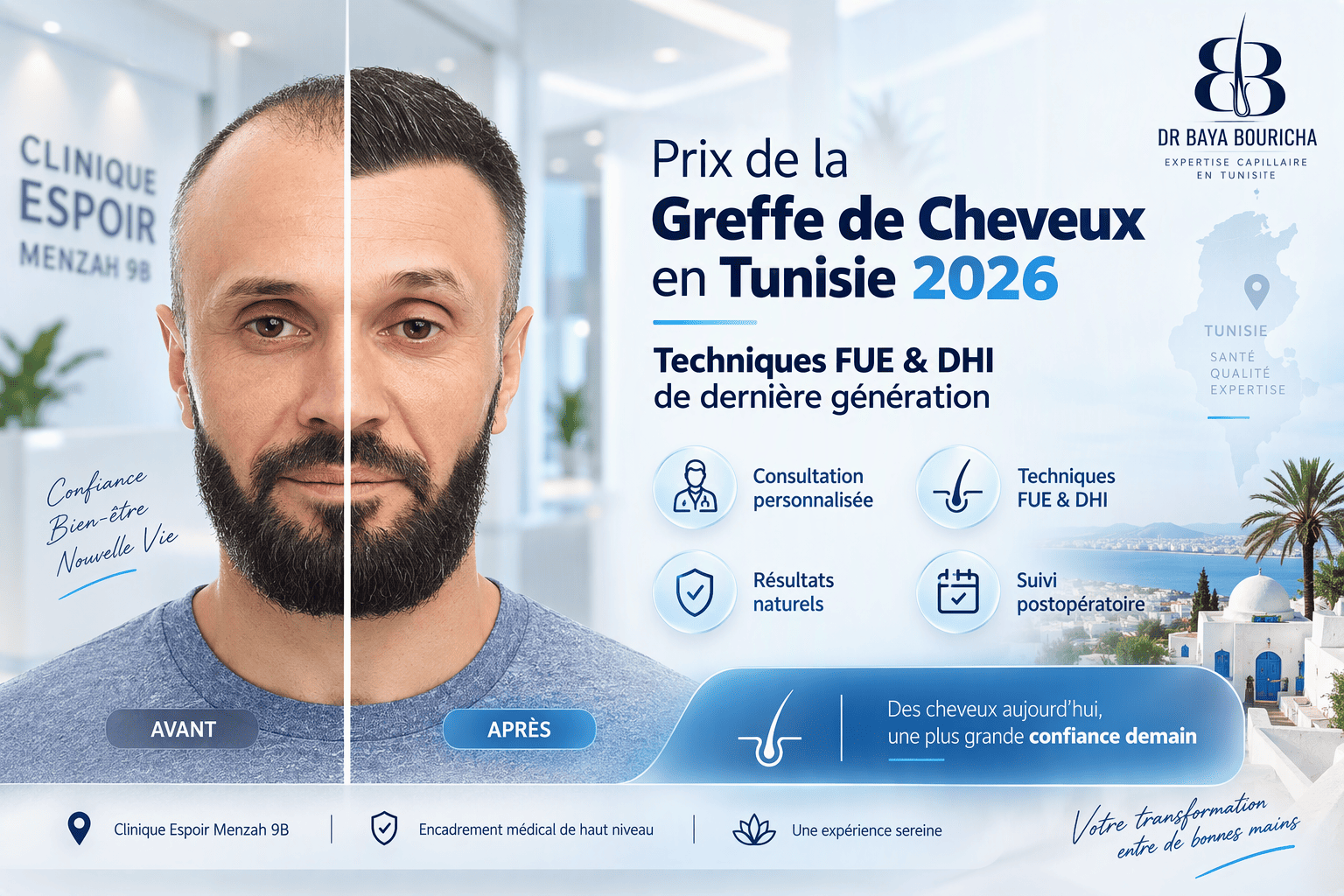 Prix greffe de cheveux Tunisie 2026 : tarifs chez le Dr Beya Bouricha